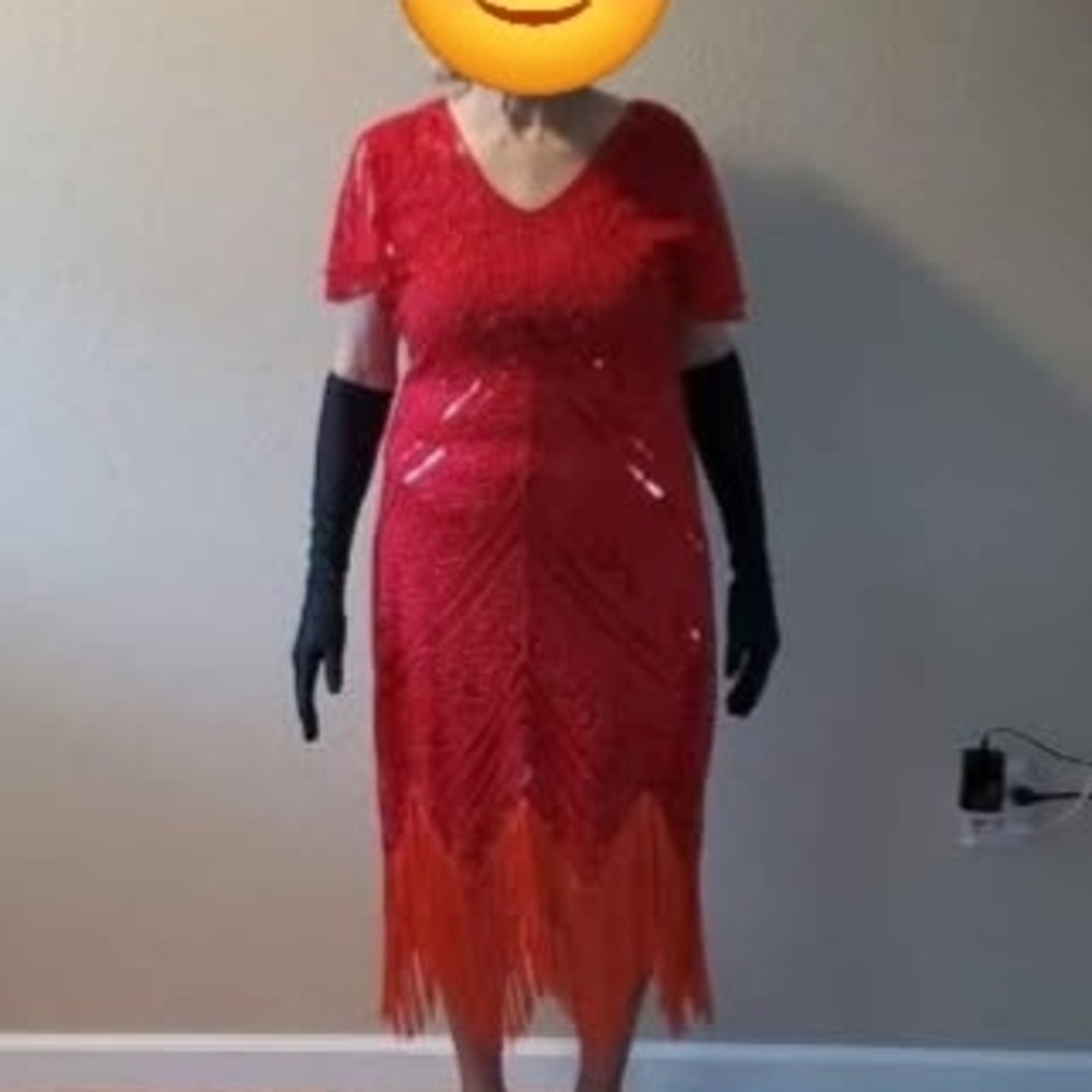Elegant Red and Orange Fringe Midi Dress